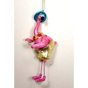December Diamonds Pink Flamingo Glass Ornament 6" Christmas w/ Drink 05-05090